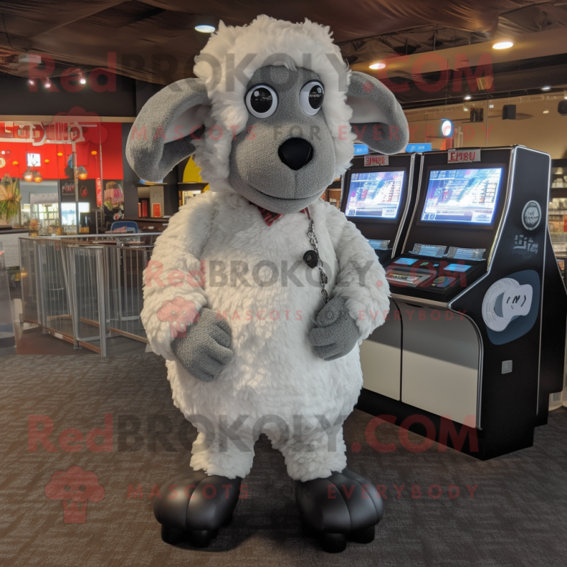 Silver Sheep mascot costume character dressed with a Button-Up Shirt and Foot pads Silver Sheep mascot costume character dressed with a Button-Up Shirt and Foot pads
