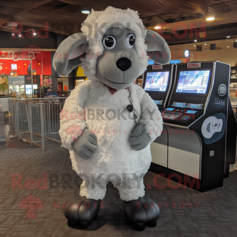 Silver Sheep mascot costume character dressed with a Button-Up Shirt and Foot pads