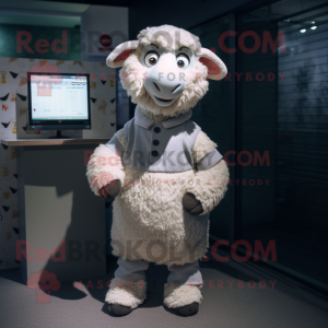 Silver Sheep mascot costume character dressed with a Button-Up Shirt and Foot pads