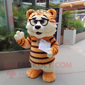 Tan Tiger mascot costume character dressed with a Shorts and Reading glasses