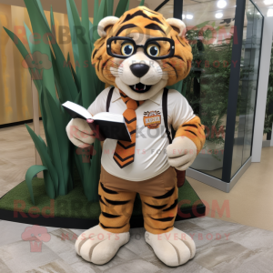 Tan Tiger mascot costume character dressed with a Shorts and Reading glasses