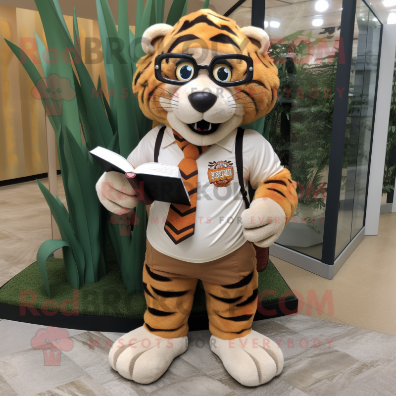 Tan Tiger mascot costume character dressed with a Shorts and Reading glasses