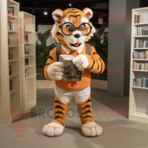 Tan Tiger mascot costume character dressed with a Shorts and Reading glasses