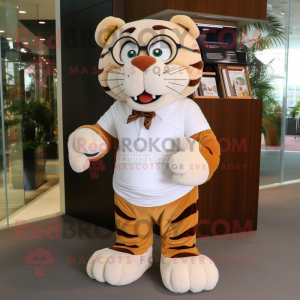 Tan Tiger mascot costume character dressed with a Shorts and Reading glasses