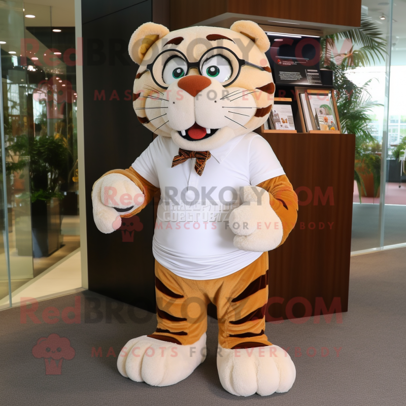 Tan Tiger mascot costume character dressed with a Shorts and Reading glasses Tan Tiger mascot costume character dressed with a Shorts and Reading glasses