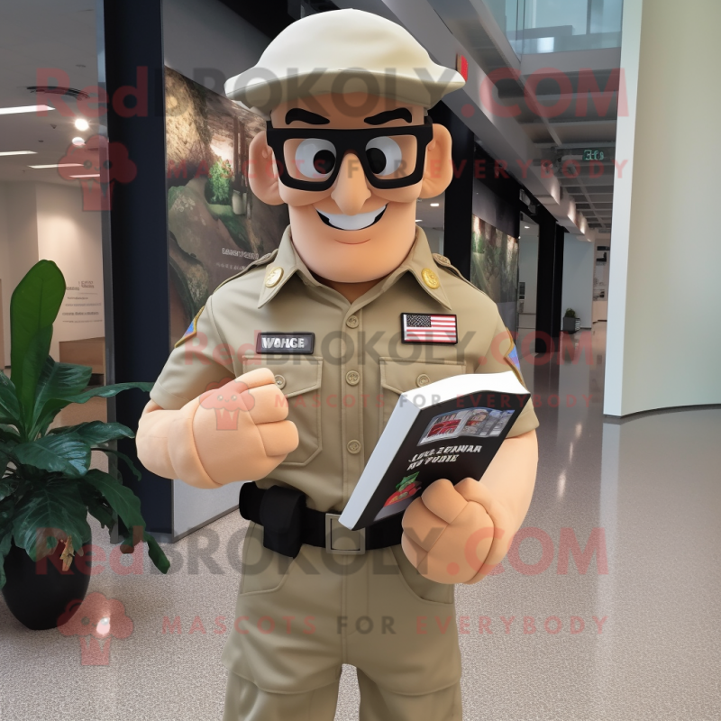 Beige Gi Joe mascot costume character dressed with a Button-Up Shirt and Reading glasses