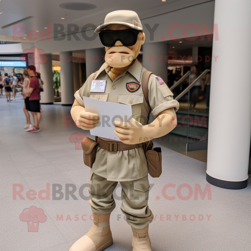 Beige Gi Joe mascot costume character dressed with a Button-Up Shirt and Reading glasses Beige Gi Joe mascot costume character dressed with a Button-Up Shirt and Reading glasses