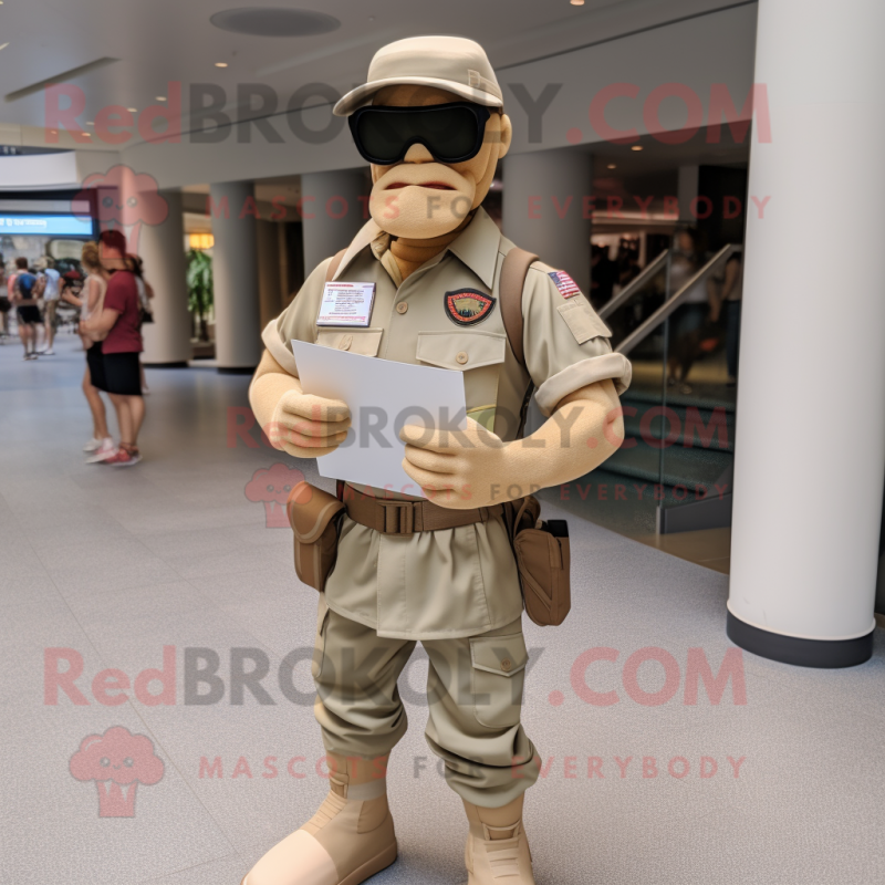 Beige Gi Joe mascot costume character dressed with a Button-Up Shirt and Reading glasses