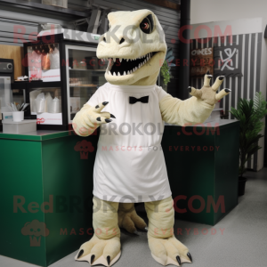 Cream T Rex mascot costume character dressed with a Sheath Dress and Gloves