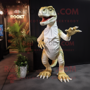 Cream T Rex mascot costume character dressed with a Sheath Dress and Gloves