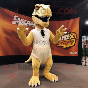 Cream T Rex mascot costume character dressed with a Sheath Dress and Gloves