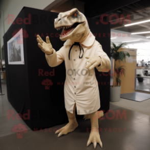 Cream T Rex mascot costume character dressed with a Sheath Dress and Gloves