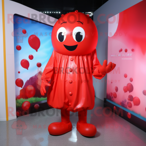 Red Meatballs mascot costume character dressed with a Raincoat and Foot pads