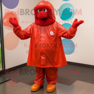 Red Meatballs mascot costume character dressed with a Raincoat and Foot pads
