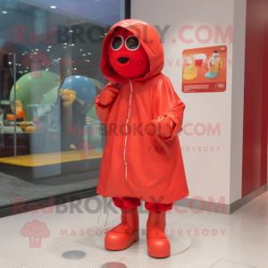 Red Meatballs mascot costume character dressed with a Raincoat and Foot pads