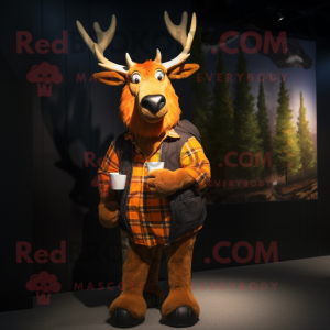 Orange Irish Elk mascot costume character dressed with a Flannel Shirt and Cufflinks