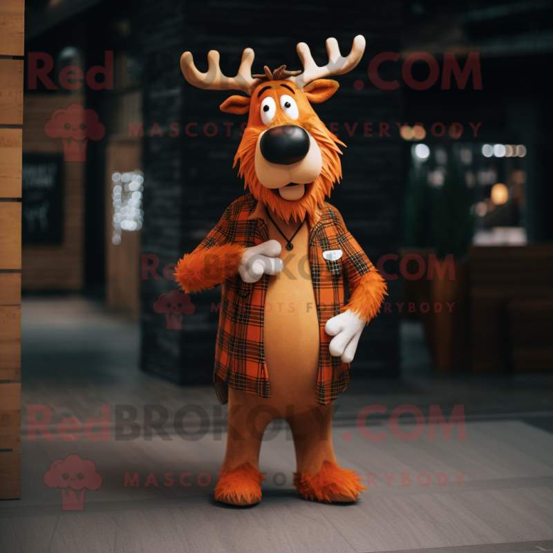 Orange Irish Elk mascot costume character dressed with a Flannel Shirt and Cufflinks