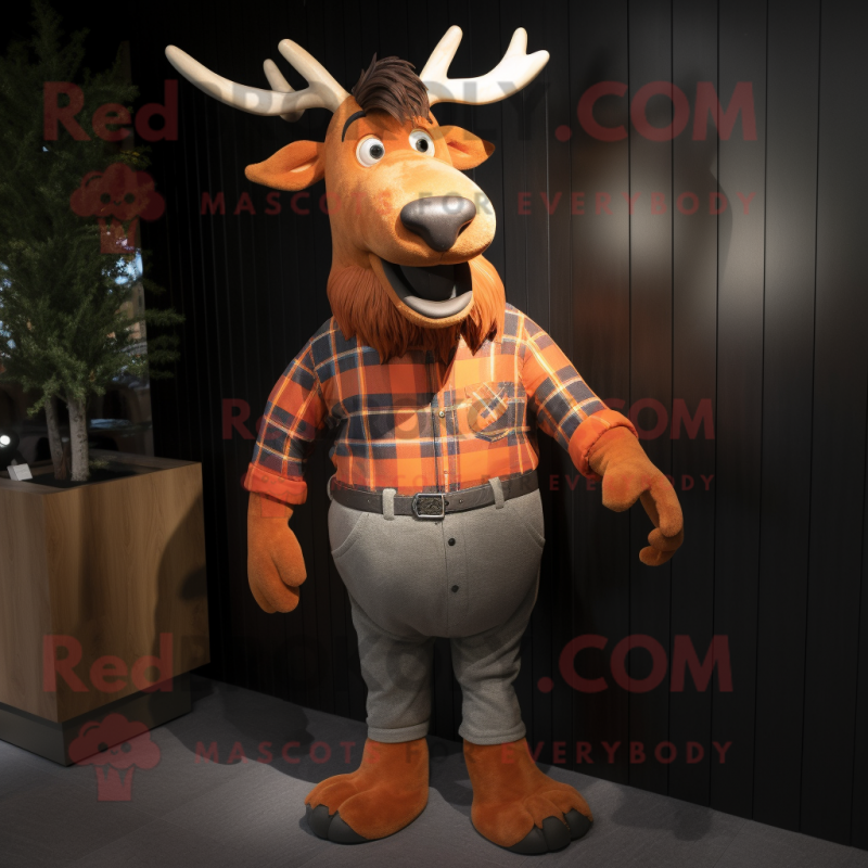 Orange Irish Elk mascot costume character dressed with a Flannel Shirt and Cufflinks