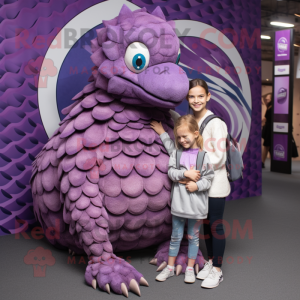 Purple Pangolin mascot costume character dressed with a Mom Jeans and Rings