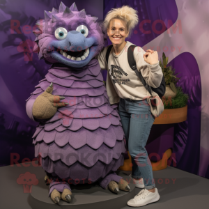 Purple Pangolin mascot costume character dressed with a Mom Jeans and Rings