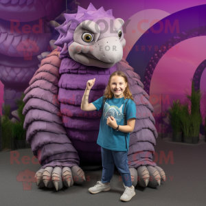 Purple Pangolin mascot costume character dressed with a Mom Jeans and Rings