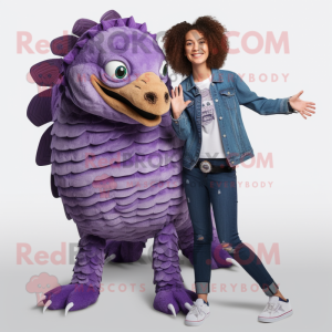 Purple Pangolin mascot costume character dressed with a Mom Jeans and Rings