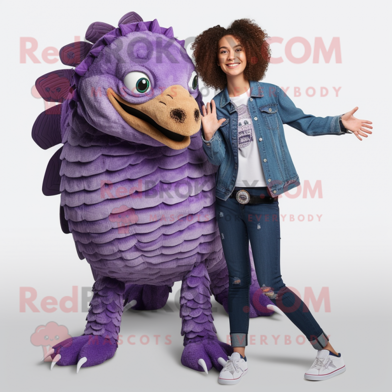 Purple Pangolin mascot costume character dressed with a Mom Jeans and Rings Purple Pangolin mascot costume character dressed with a Mom Jeans and Rings