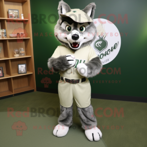 Olive Say Wolf mascot costume character dressed with a Baseball Tee and Clutch bags