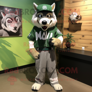 Olive Say Wolf mascot costume character dressed with a Baseball Tee and Clutch bags