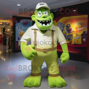 Lime Green Frankenstein'S Monster mascot costume character dressed with a Button-Up Shirt and Cummerbunds