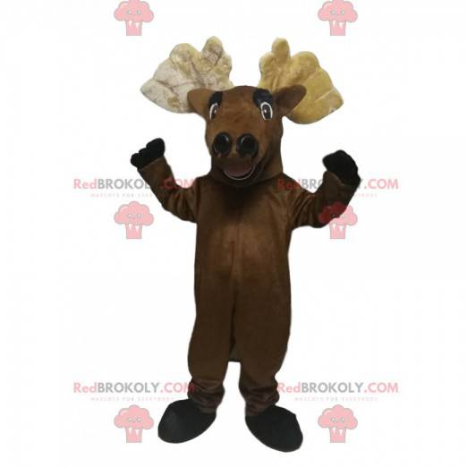 Mascota de ciervo marrón muy alegre con hermosas astas -