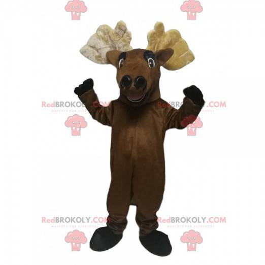 Mascotte cervo marrone molto allegra con bellissime corna -