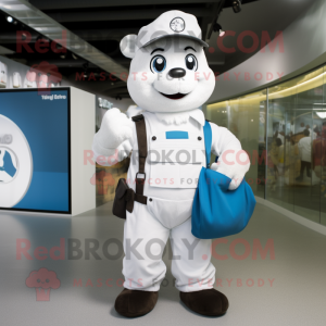 White Wrist Watch mascot costume character dressed with a Overalls and Tote bags