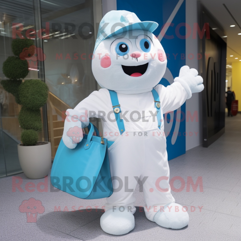 White Wrist Watch mascot costume character dressed with a Overalls and Tote bags White Wrist Watch mascot costume character dressed with a Overalls and Tote bags