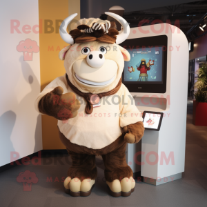 Cream Minotaur mascot costume character dressed with a Flare Jeans and Mittens