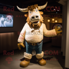 Cream Minotaur mascot costume character dressed with a Flare Jeans and Mittens