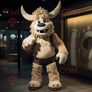 Cream Minotaur mascot costume character dressed with a Flare Jeans and Mittens