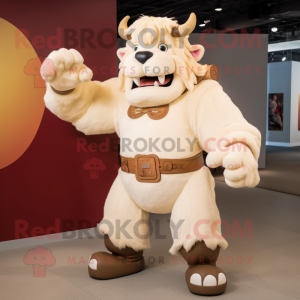 Cream Minotaur mascot costume character dressed with a Flare Jeans and Mittens