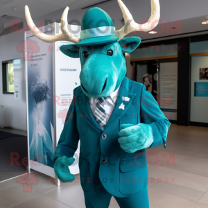 Cyan Irish Elk mascot costume character dressed with a Suit Pants and Hats