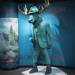 Cyan Irish Elk mascot costume character dressed with a Suit Pants and Hats