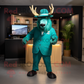 Cyan Irish Elk mascot costume character dressed with a Suit Pants and Hats