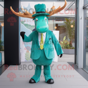 Cyan Irish Elk mascot costume character dressed with a Suit Pants and Hats