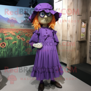 Purple Scarecrow mascot costume character dressed with a Shift Dress and Shoe clips