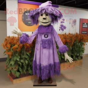 Purple Scarecrow mascot costume character dressed with a Shift Dress and Shoe clips