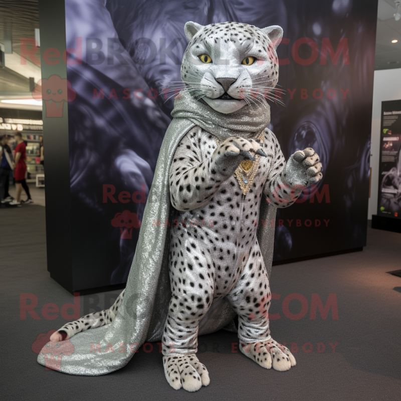 Silver Jaguar mascot costume character dressed with a Cover-up and Earrings Silver Jaguar mascot costume character dressed with a Cover-up and Earrings