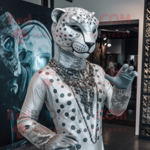 Silver Jaguar mascot costume character dressed with a Cover-up and Earrings
