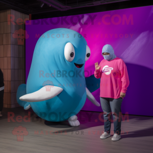 Magenta Blue Whale mascot costume character dressed with a T-Shirt and Watches