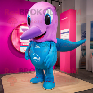 Magenta Blue Whale mascot costume character dressed with a T-Shirt and Watches