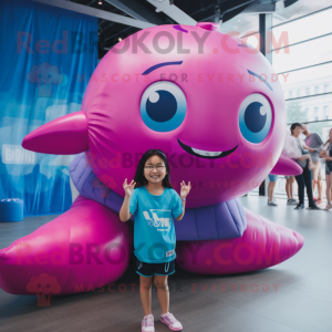 Magenta Blue Whale mascot costume character dressed with a T-Shirt and Watches