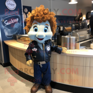 Navy Fish And Chips mascot costume character dressed with a Leather Jacket and Hair clips